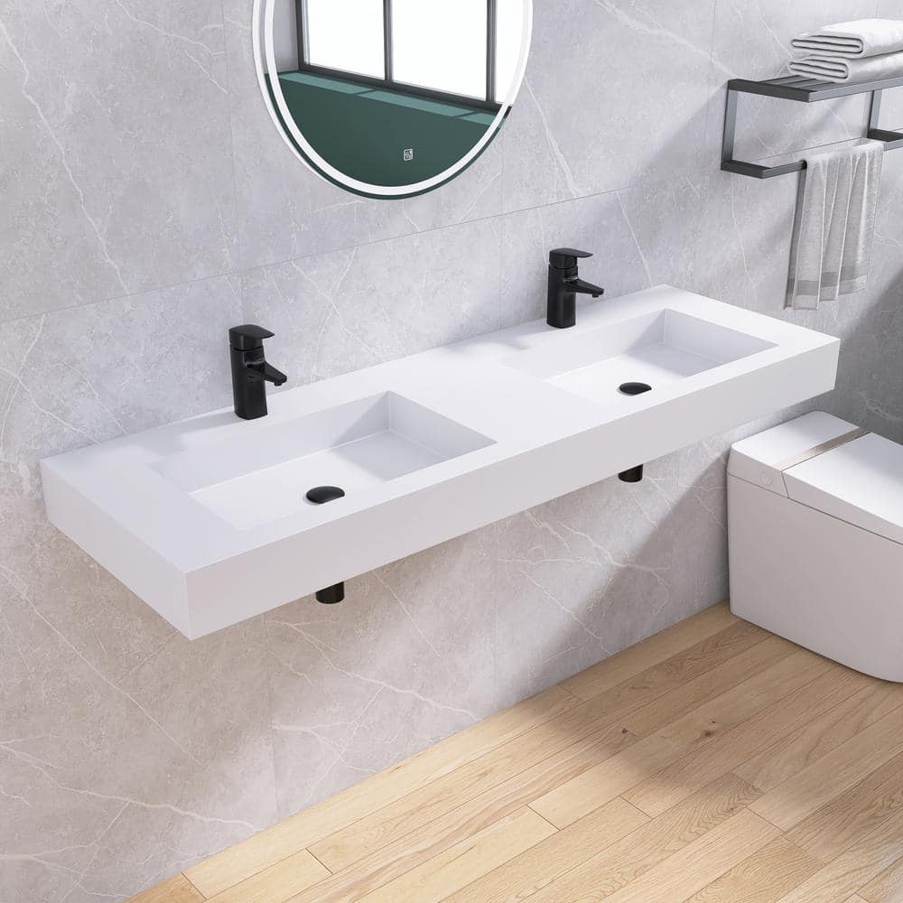 MEDUNJESS 59 in. x 19 in. Solid Surface Wall-Mounted Bathroom Double ...