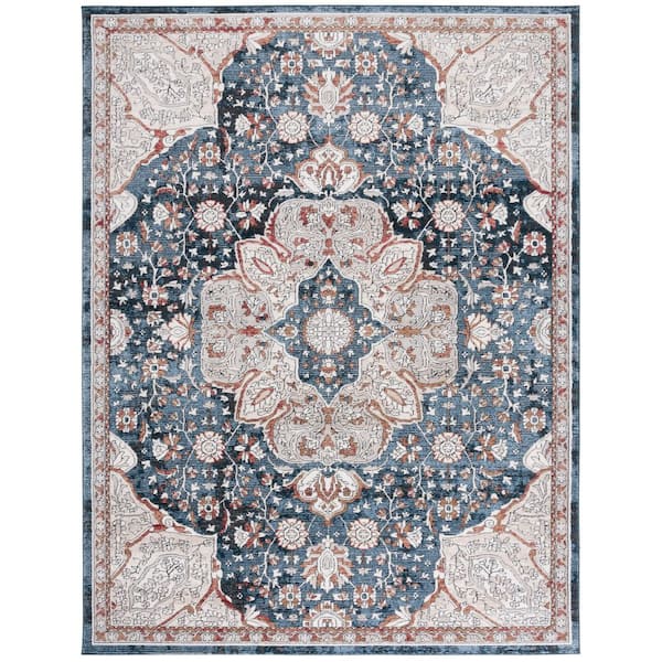 Rosewood 9 ft. x 12 ft. Ivory/Blue Distressed Ornate Medallion Area Rug