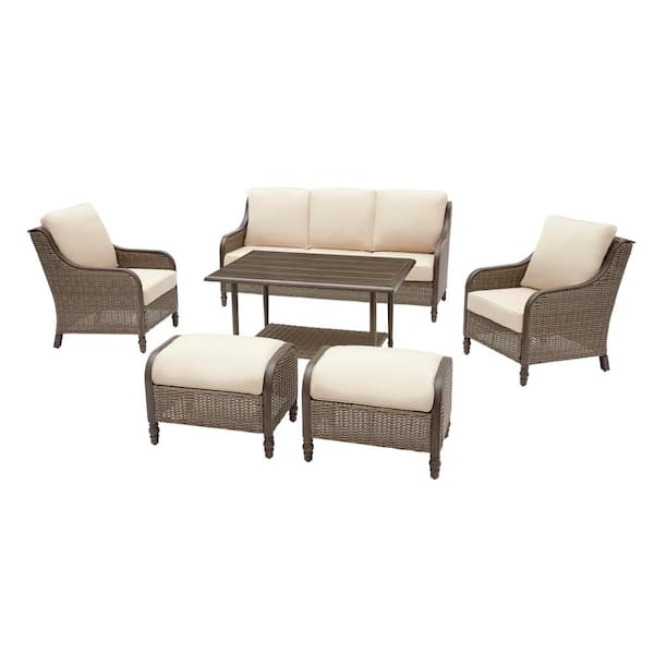Hampton Bay Windsor 6-Piece Brown Wicker Outdoor Patio Conversation Seating  Set with CushionGuard Biscuit Tan Cushions A201001500