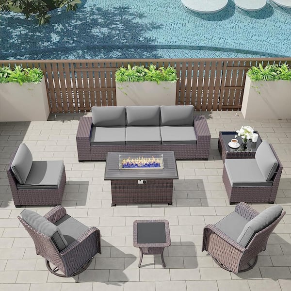 Halmuz 10-Piece Wicker Patio Conversation Set with 55000 BTU Gas Fire Pit Table, Glass Coffee Table and Swivel Rocking Chairs
