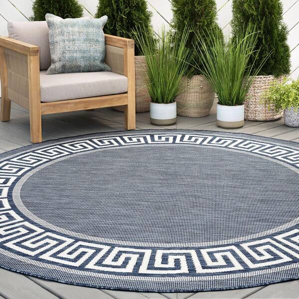 Eco Greek Key Navy 8 ft. Round Indoor/Outdoor Area Rug