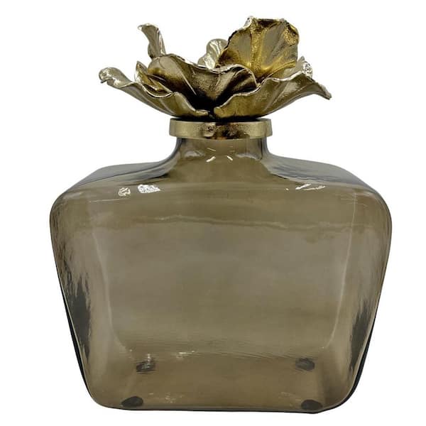 Gold 16 in. x 13 in. Decorative Handmade Aluminum and Glass Perfume Bottle Sculpture