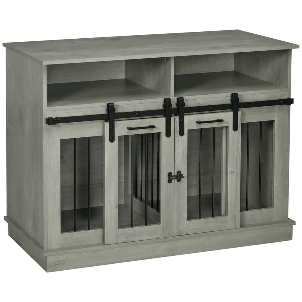 Large Gray Wooden Dog Crate Table with Sliding Doors
