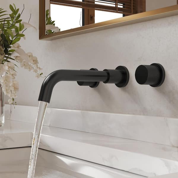 Serenity Stream Wall-Mount 8 in. Widespread Double Handle Bathroom Faucet in Matte Black Drain Included