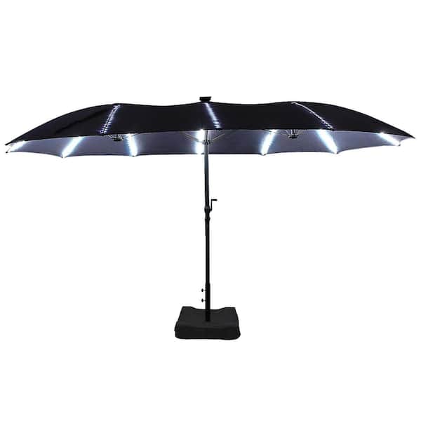 15 ft. Dodecagon Double-Sided Market Patio Umbrella with Lights and Base in Navy Blue