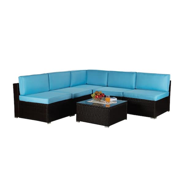 URTR 6-Piece PE Wicker Rattan Patio Conversation Set Outdoor Sectional Sofa Set with Table for Yard, Poolside, Blue Cushion