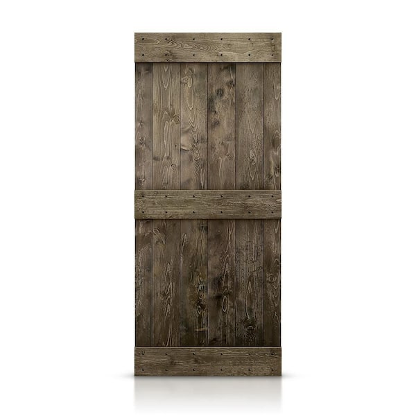CALHOME Distressed Mid-Bar 36 in. x 84 in. Weather Gray Stained Solid DIY Knotty Pine Wood Interior Sliding Barn Door Slab