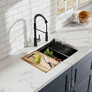 27 in. Undermount Single Bowl 18 Gauge Black Stainless Steel Workstation Kitchen Sink with Black Spring Neck Faucet