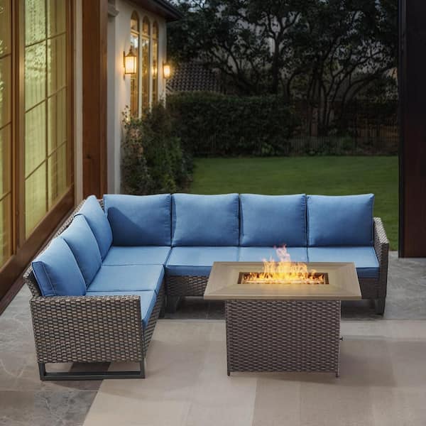 Opohoro U-Weave 4-Piece Brown Wicker Outdoor Rectangular Fire Pit Conversation Set with Navy Blue Cushions and Sectional Sofa