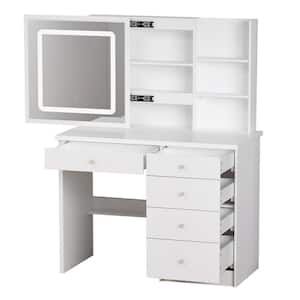 Wood LED Push-Pull Mirror Dresser with 5-Drawers, Stool and 3-Tier Storage Shelves(53.5 H x 39.4 W x 19.7 D in.)