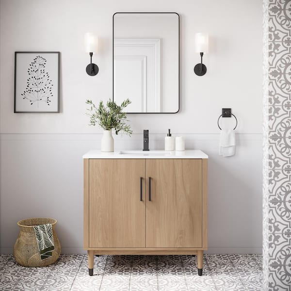 Sawyer 36 in. Single Sink Freestanding Sunburst Oak Bath Vanity with White Quartz Top