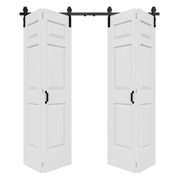 72 in. x 84 in. Paneled 6-Lite White Primed Hollow Core MDF Composite Bi-fold Door with Bifold Barn Door Hardware