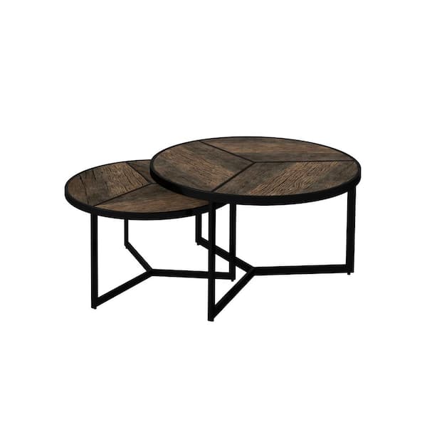 Handy Living Yuri 26 In W Natural 14 In H Round Reclaimed Wood Nesting Coffee Tables With Black Iron Triangular Bases Set Of 2 A186582 The Home Depot