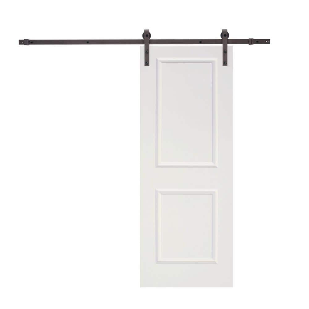 Primed White MDF Raised 2 Panel Sliding Barn Door with Brown Hardware