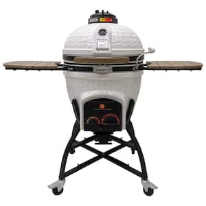 22 in. Kamado XD402 Ceramic Charcoal Grill in White with Cover, Storage Cart, Shelves, Lava Stone, Light, Ash Drawer