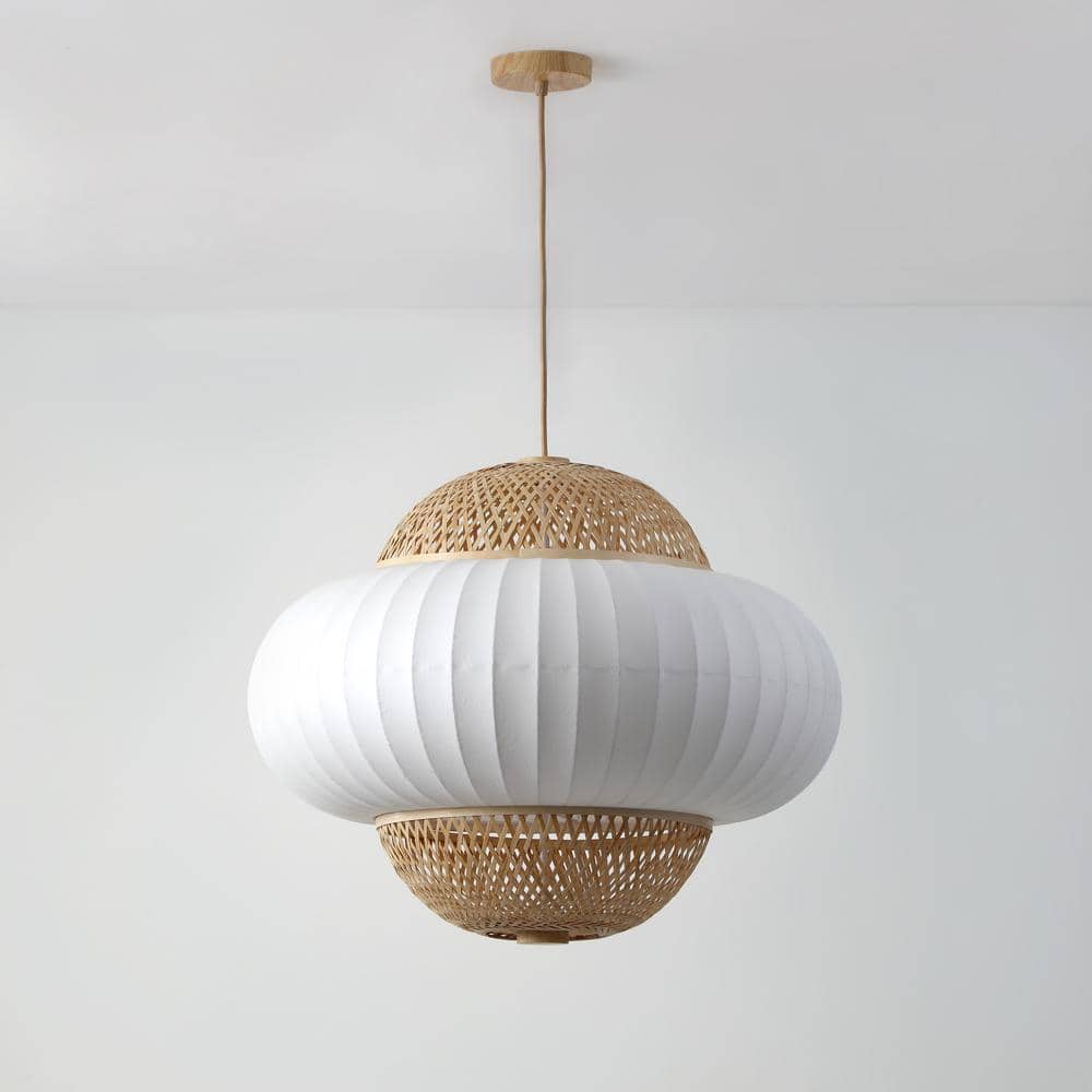 Large Bohemian Bamboo and Silk Pendant Light with Aluminum Body