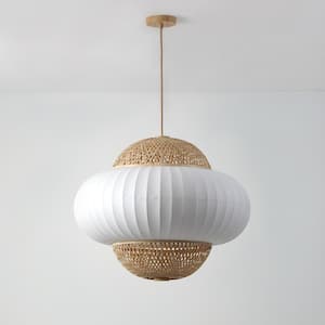 Hikari 60-Watt 4-Light Wood Grain and Natural Pendant Light with Woven Bamboo Shade and Bulb Not Included