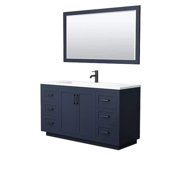 Wyndham Collection Miranda 60 in. W Single Bath Vanity in Dark Blue with Solid Surface Vanity Top in White with White Basin and Mirror