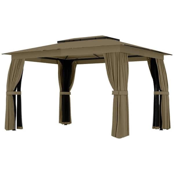 Double Roof Outdoor Gazebo with Curtains & Netting, Patio Canopy Shelter, Ceiling Hooks for Backyard, Poolside & Garden