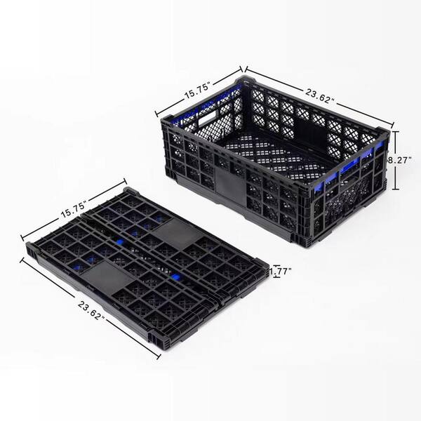 Unbranded - 8.27 in. H x 23.62 in. W Black Folding 47L Collapsible Plastic Wooden Crate with Handles (3-Packs)