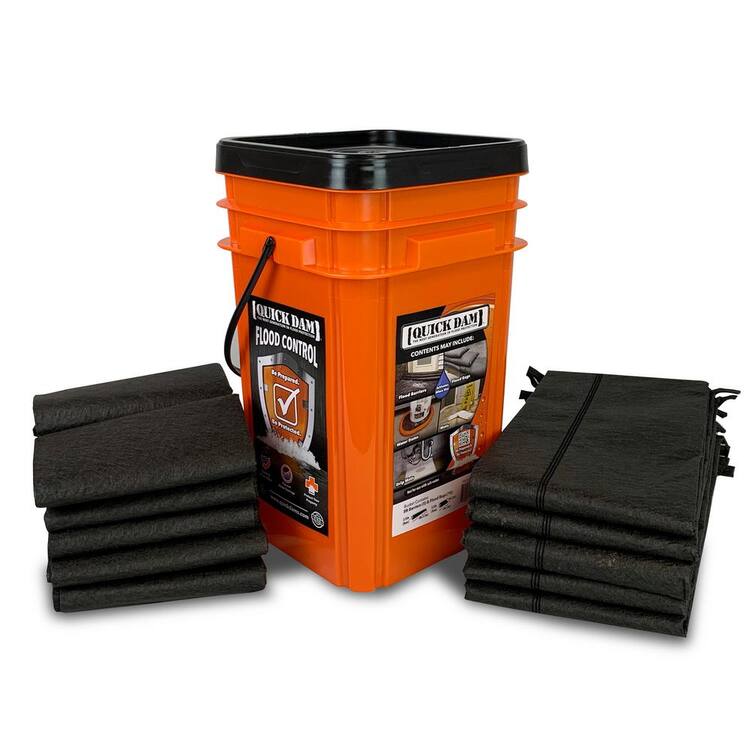 Quick Dam Grab and Go Flood Protection Kit containing 10 - 1 ft. x 2 ft.. Flood Bags and 5 - 5 ft. Flood Barriers w/Bucket