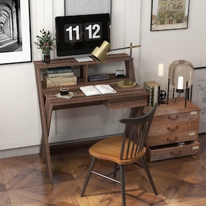35.5 in. Walnut Computer Desk Study Writing Table Small Space with Drawer and Monitor Stand