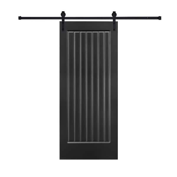 Modern 7-Panel 32 in. x 84 in. MDF Black Barn Sliding Door with Hardware Kit