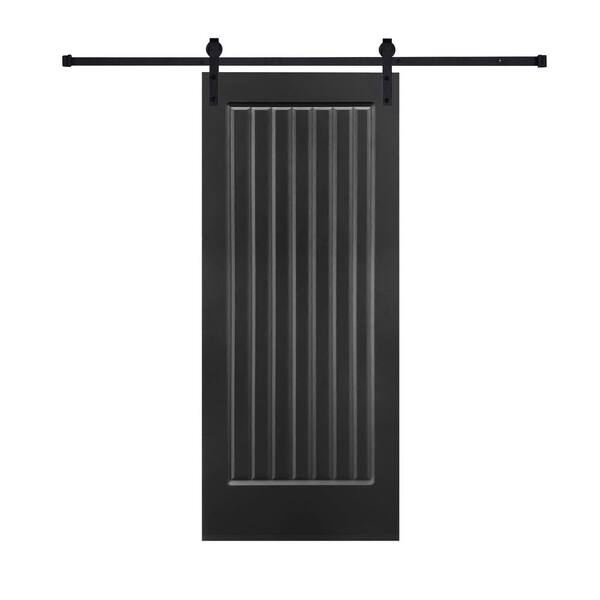Modern 7-Panel 42 in. x 96 in. MDF Black Barn Sliding Door with Hardware Kit