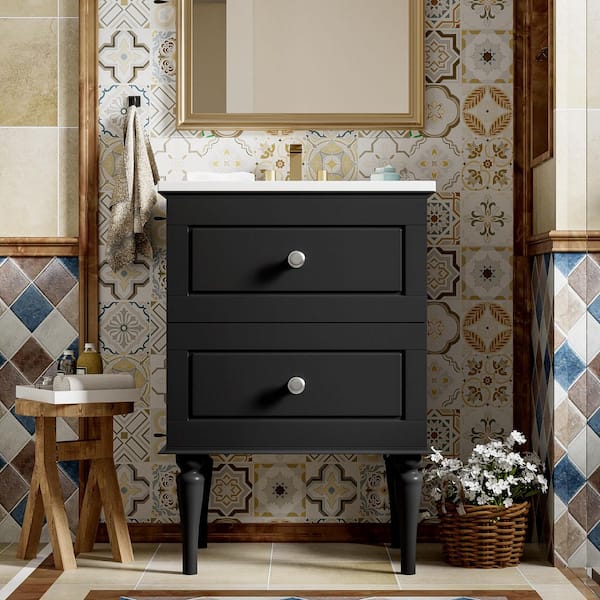 24in. Freestanding Single Sink Black Bath Vanity with White Ceramic Top