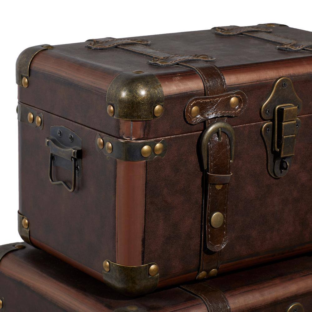 Brown Leather Rectangular Storage Trunk Set with Vintage Accents, 3-Pieces