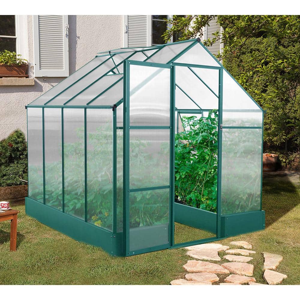 8' x 6' Green Polycarbonate Walk-In Greenhouse with Planter Beds