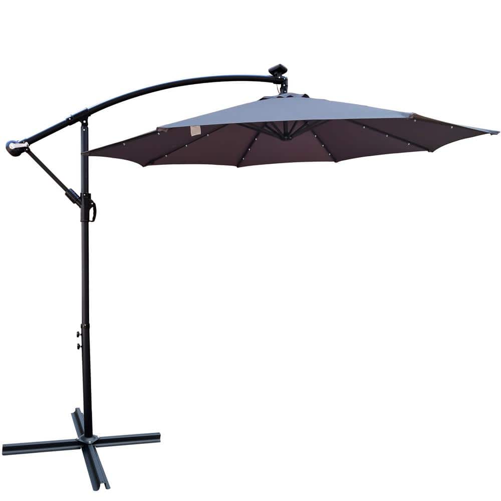 10 ft. Steel Cantilever Patio Umbrella LED Lights in Medium grey with Cross