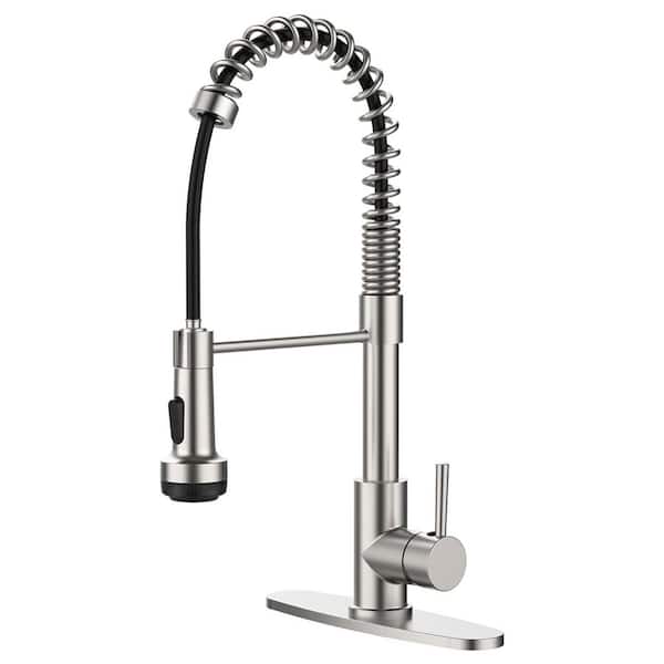19.8 in. Single Handle 360° Spout Swivel Pull Down Sprayer Kitchen Faucet with Deck Plate in Brushed Nickel
