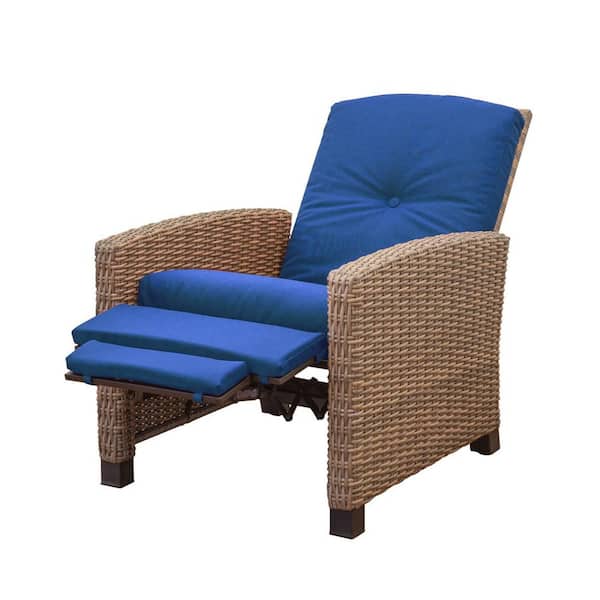 TIRAMISUBEST Adjustable Wicker Outdoor Recliner Lounge Chair with Blue Cushion