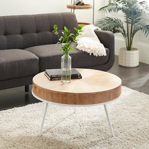 32 in. Brown Medium Round Wood Coffee Table with White Distressed Tripod Legs