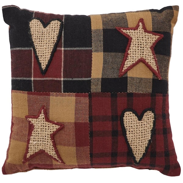 VHC BRANDS Connell Burgundy Natual Country Black Primitive Patchwork 6 in. x 6 in. Throw Pillow