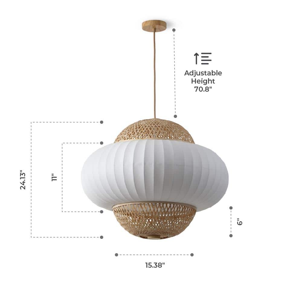 Large Bohemian Bamboo and Silk Pendant Light with Aluminum Body
