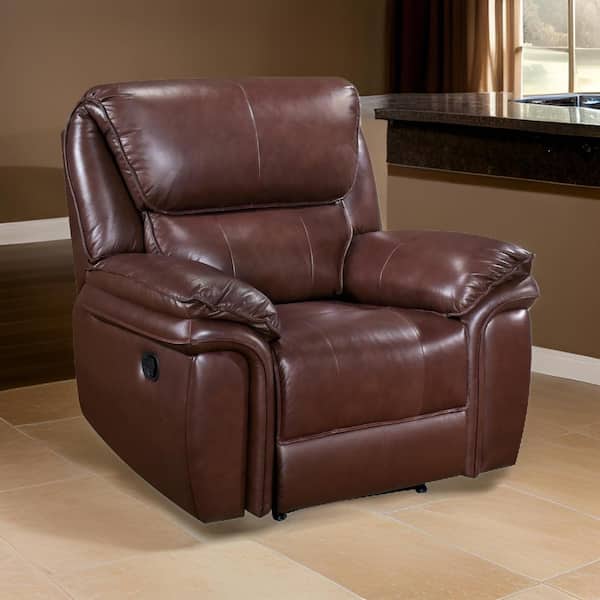Benjara Plush Brown Top Grain and Faux Leather Manual Recliner