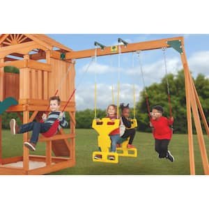 Timber Valley Wood Complete Swing Set with Wood Roof, Glider Swing, Red Playset Accessories and Green Slide