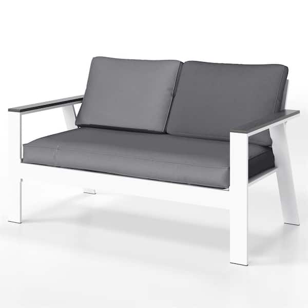 Unbranded White Aluminum Outdoor Double Patio Lounge Chairs Sofa Couch with Wood Grain Finish Arm and Grey Cushions