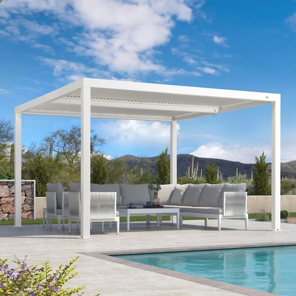 PURPLE LEAF 12 ft. x 12 ft. White Aluminum Frame Outdoor Hardtop Louvered Pergola with Adjustable Rainproof Roof and In-Built Gutter