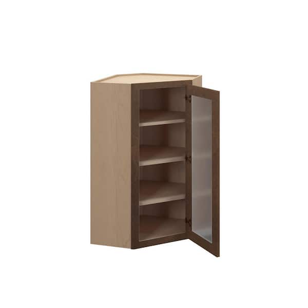 Kunal Kitchens Amherst Shaker 27 in. W x 42 in. H x 15 in. D in Walnut Plywood Assembled Frosted Glass Wall Corner Diagonal