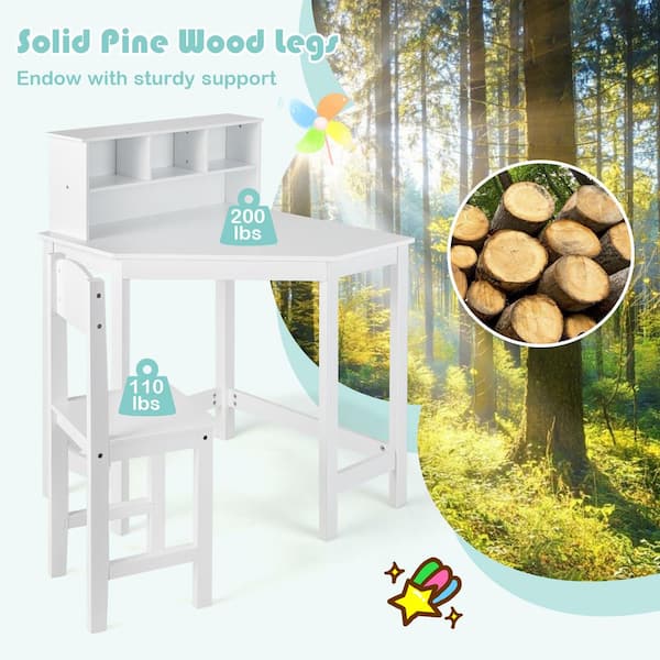 Costway 2-Piece Kids Wood Top White Corner Desk and Chair