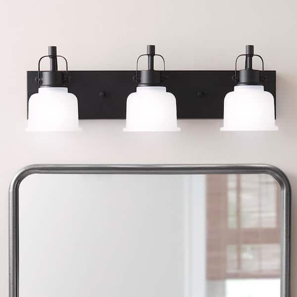 Rockhill 22.07 in. 3-Light Black LED Integrated Industrial Vanity Light with Frosted Glass Shades for Bathroom