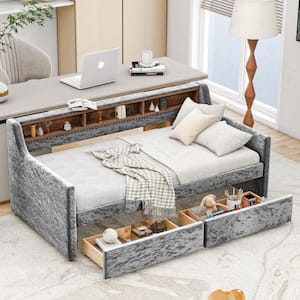 Gray Twin Size Wood Snowflake Velvet Upholstered Daybed with 2-Drawer, 3-Shelves