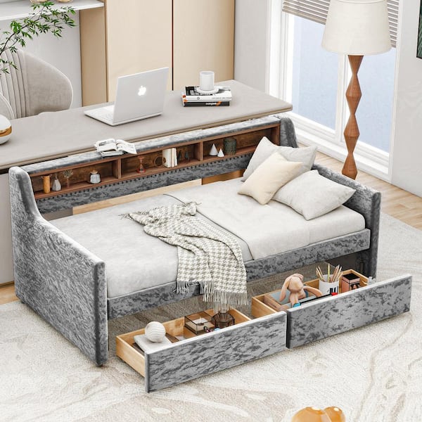 Harper & Bright Designs Gray Twin Size Wood Snowflake Velvet Upholstered Daybed with 2-Drawer, 3-Shelves