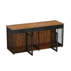 86.6 in. Wooden Dog Cage Furniture with 4 Drawers and Dividers, Large Dog Kennels Crates for 2 Large Dogs, Tiger Skin