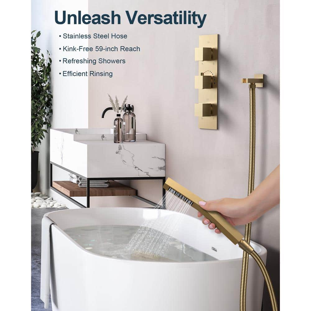 Grandjoy Brushed Gold Dual Shower Head System with Handheld Spray and Jets