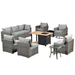 Sanibel Gray 11-Piece Wicker Outdoor Patio Conversation Sofa Set with a Storage Fire Pit and Dark Gray Cushions