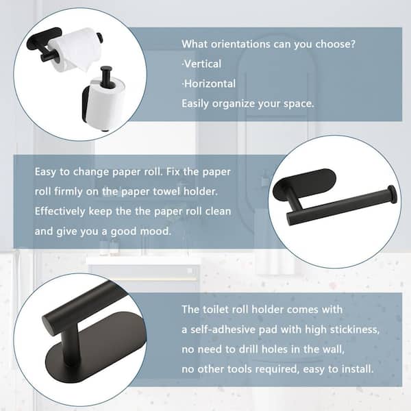 Fashionable Wall-Mount Single Post Toilet Paper Holder in Matte Black Stainless Steel, Adhesive and no Drilling